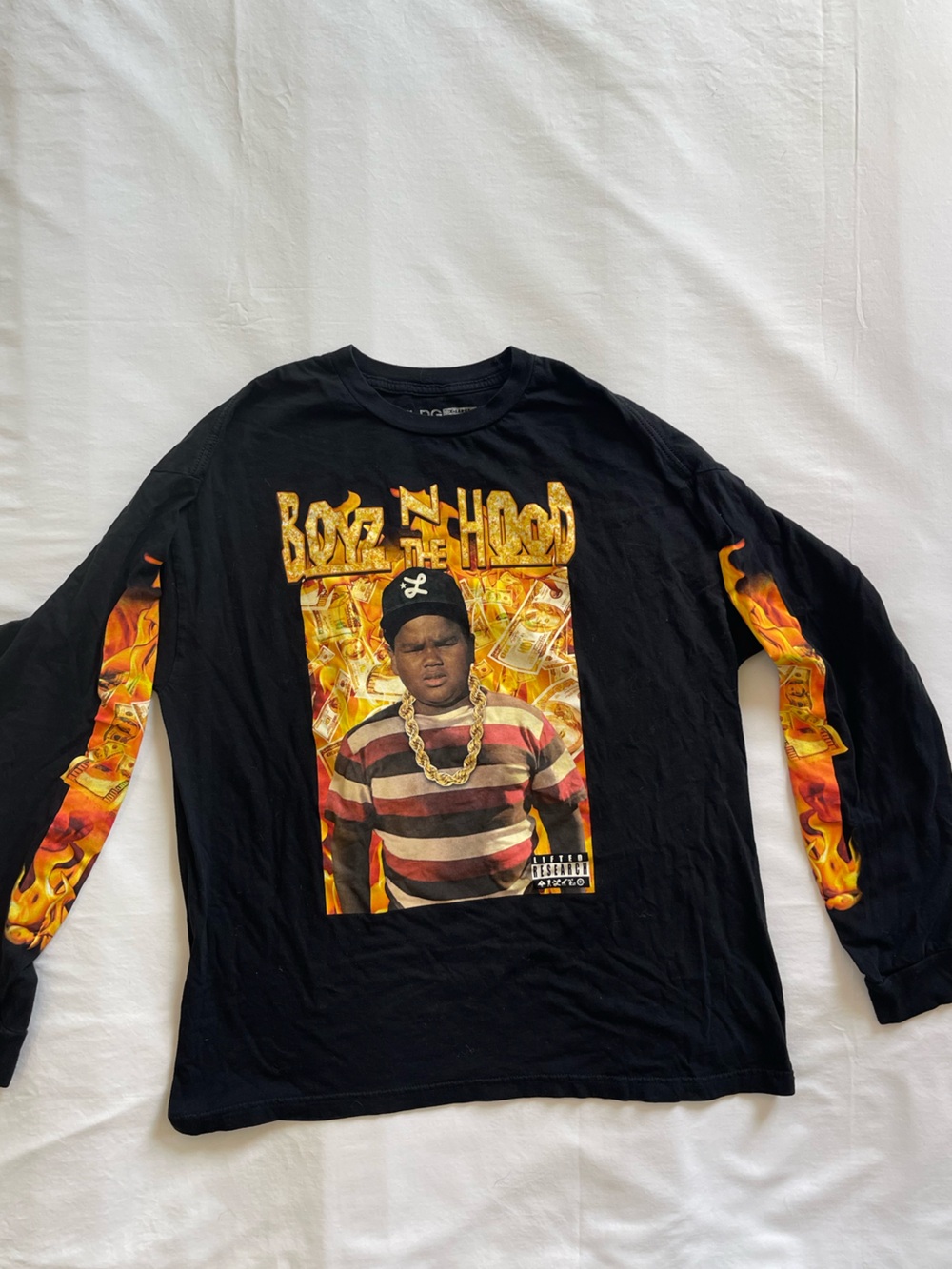 Lrg Black Long-Sleeve Tee with Gold & Orange Flame Graphics